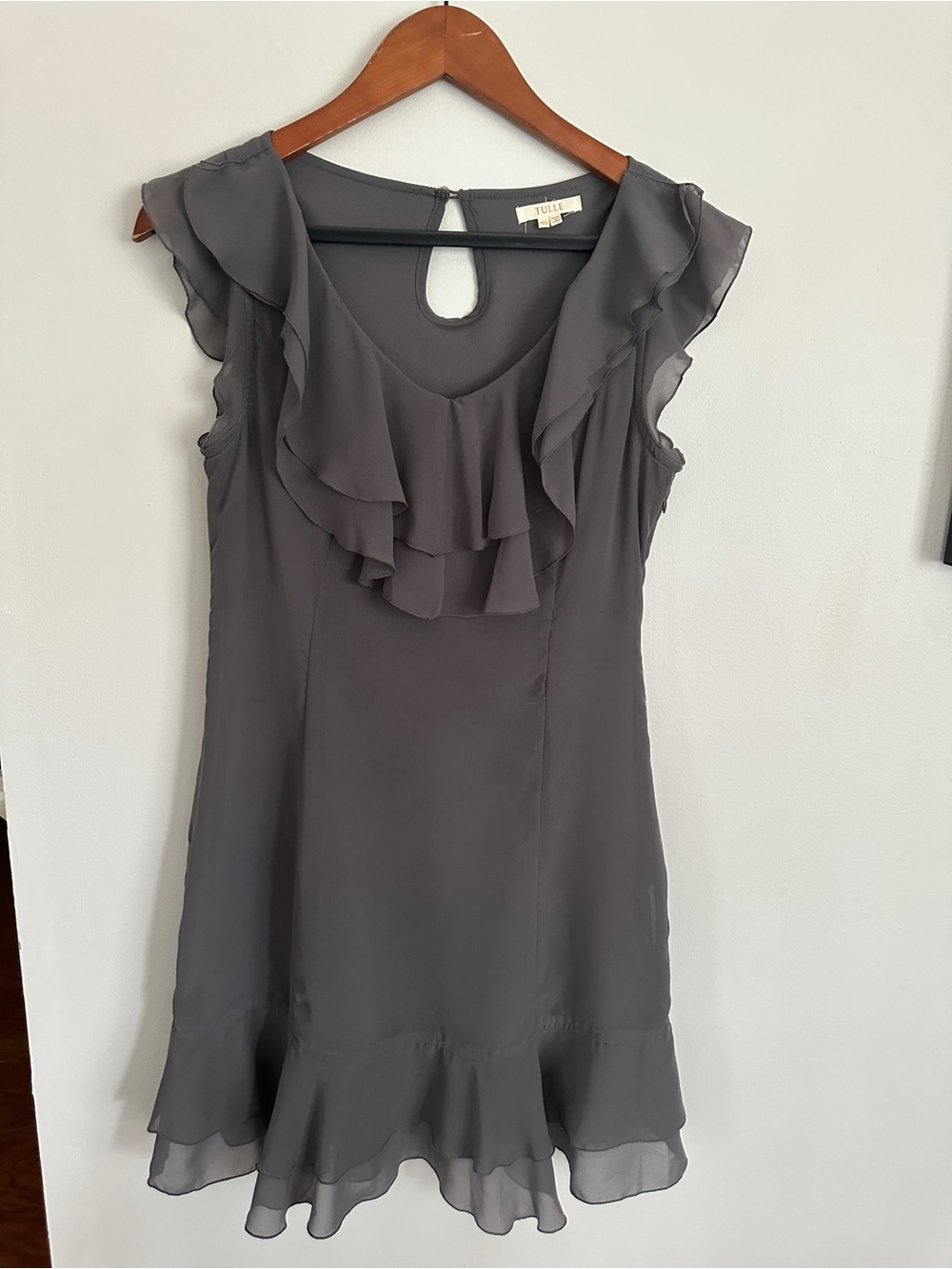 Tulle Ruffle-Trim Sleeveless Mini Dress in Gray
